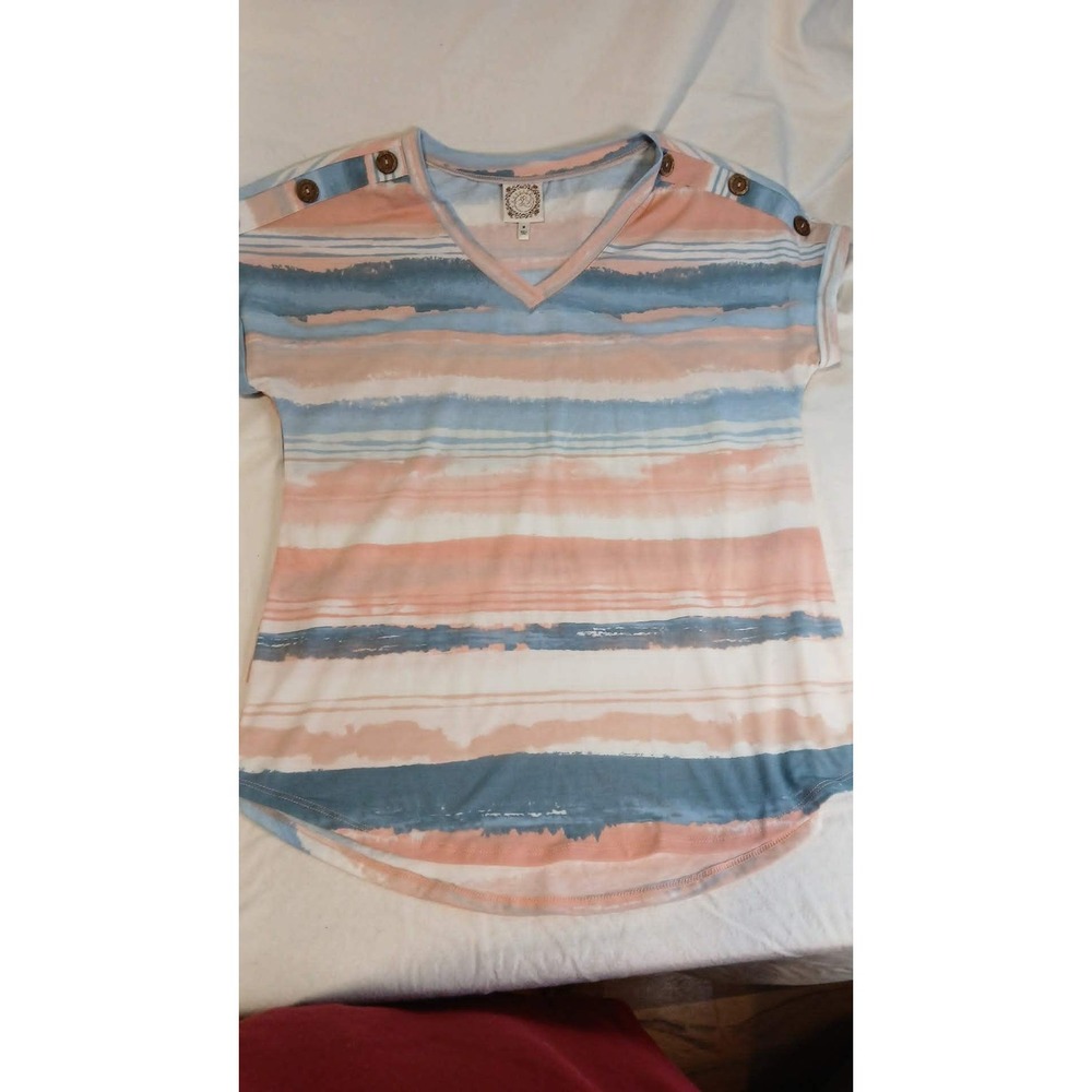 Truself Women Blue Peach Striped V-Neck Blouse Shoulder Button Detail Medium